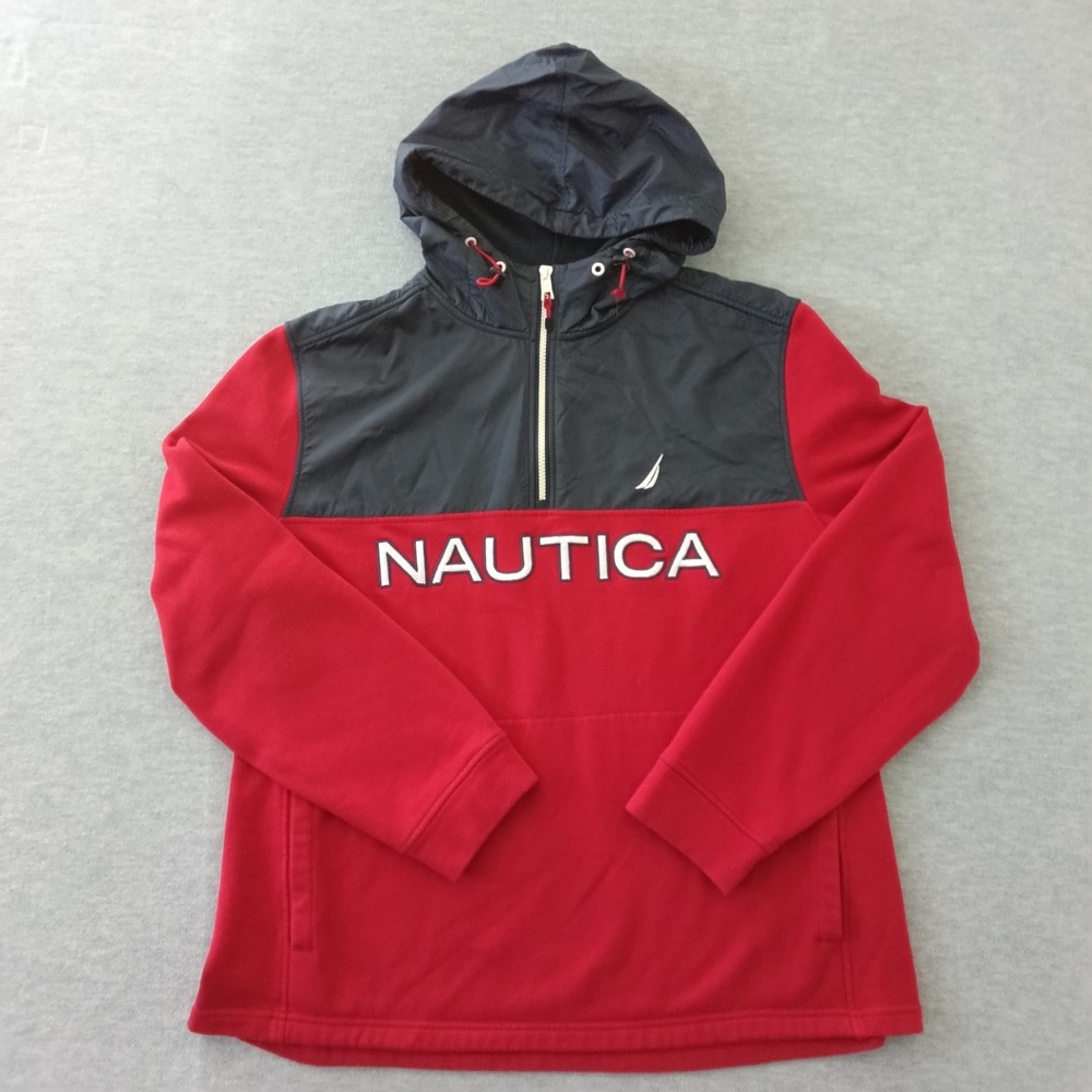 Nautica Mens XL Red Navy Blue Colorblock Quarter Zip Fleece Hoodie Logo Pullover